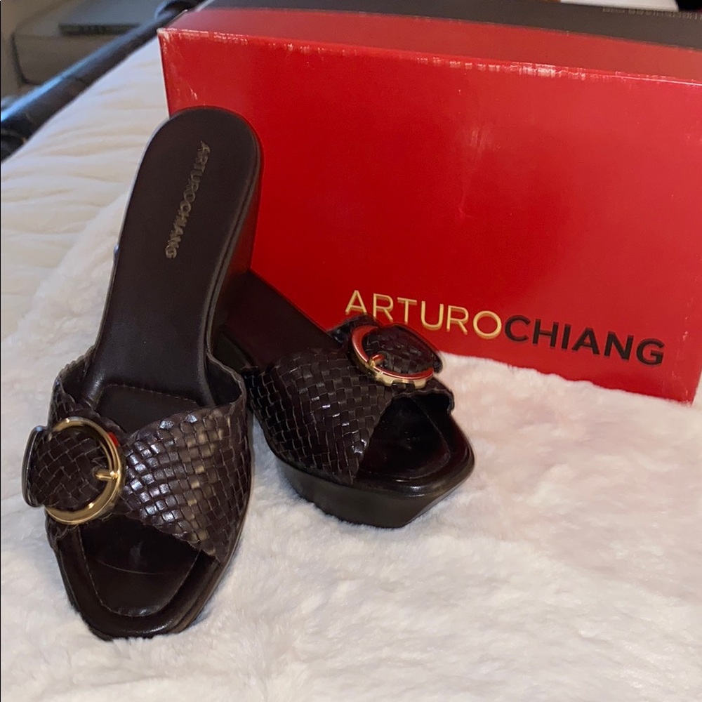 Arturo Chiang Brand New Women's Brown Woven Slide Sandals Size 8 1/2M